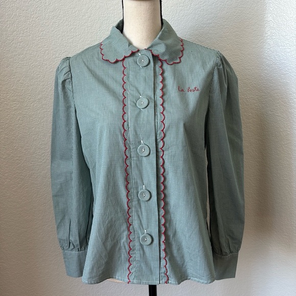 La Veste Tops - La Veste Ruffle Blackboard Shirt Green Check Scalloped Trim Retro Size Small